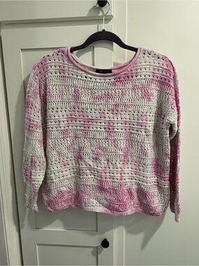 Frye Pink & White Crochet Open-Knit Crewneck Sweater